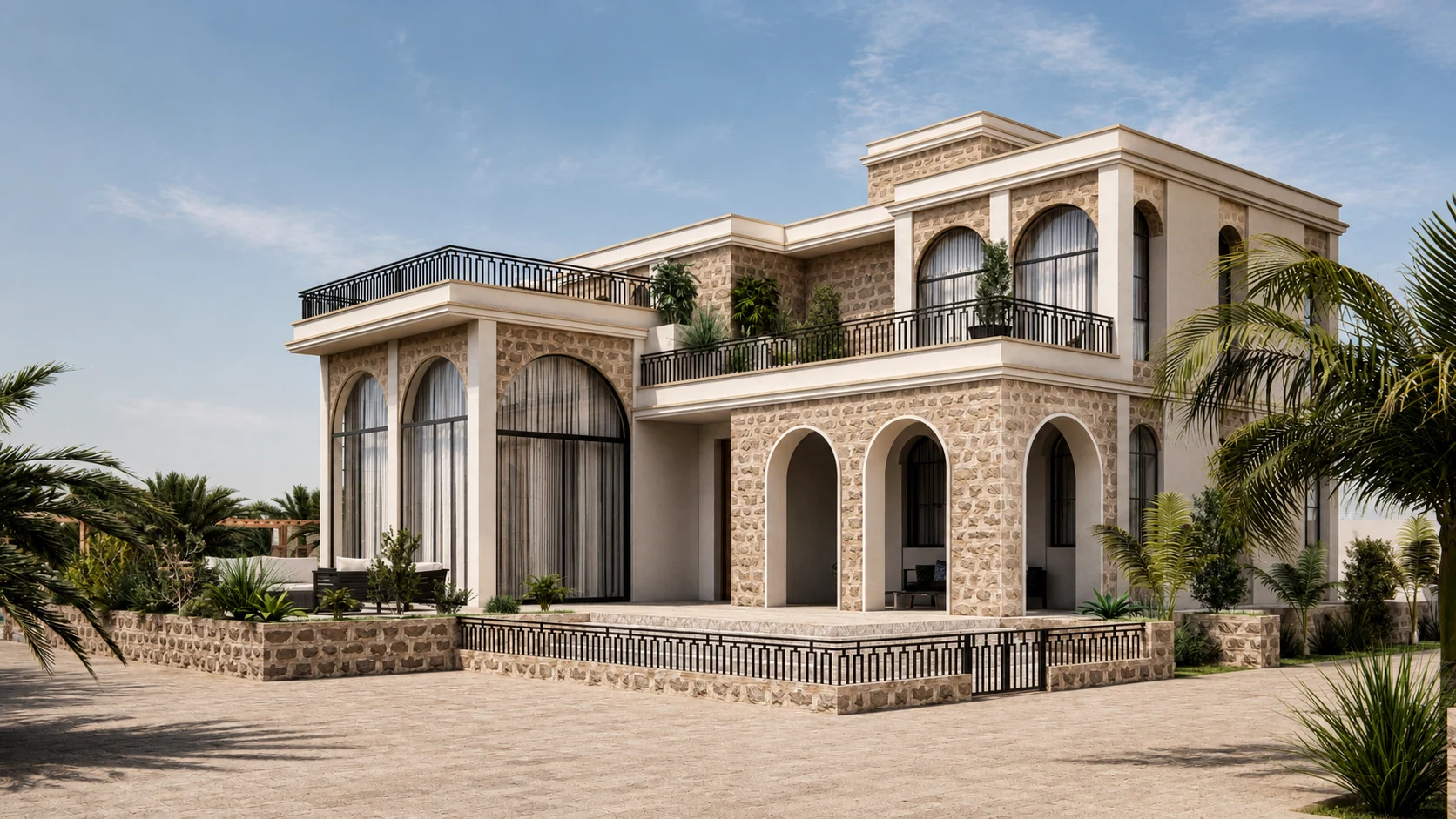 Large residential façade with arched openings and shaded terraces