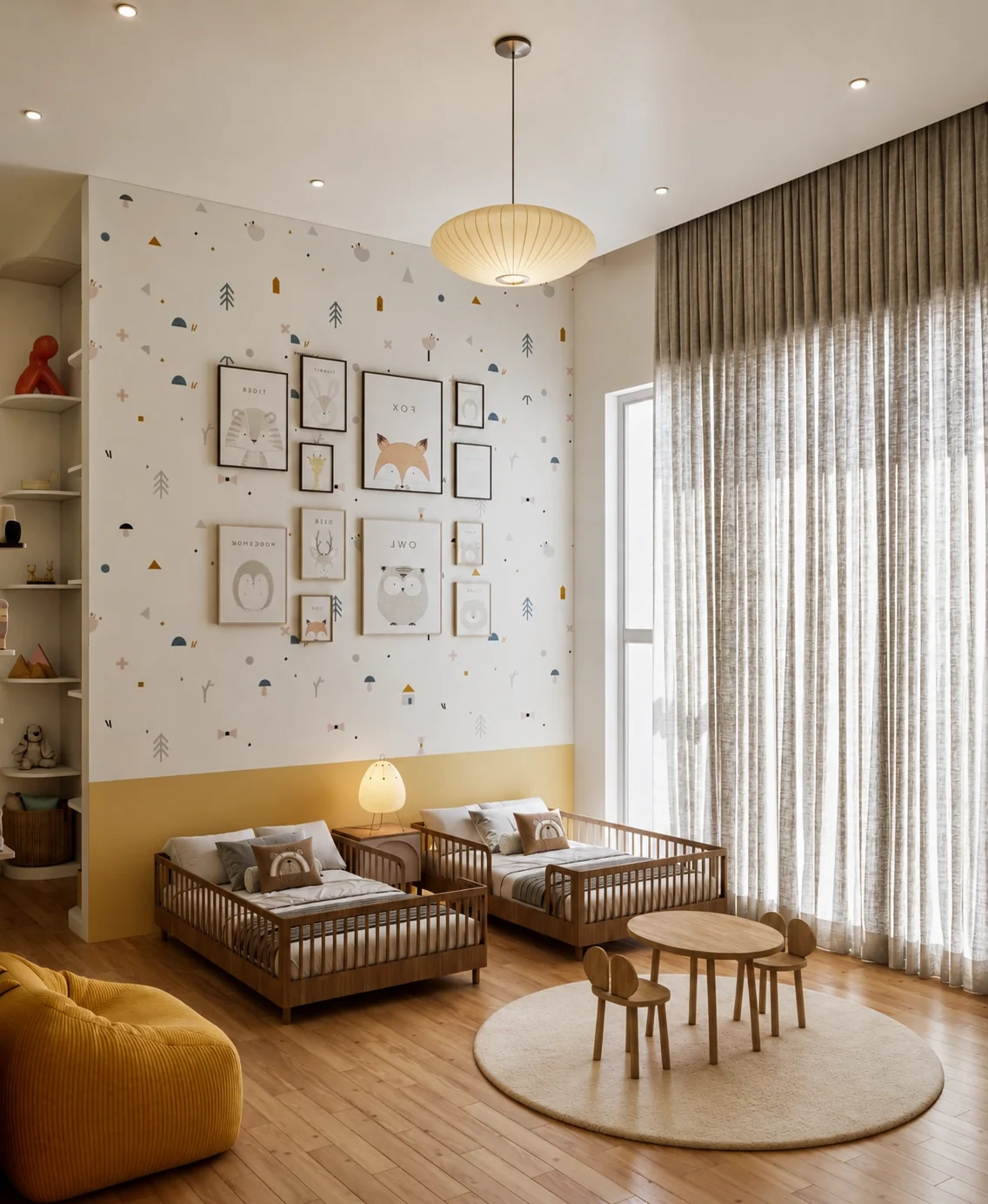 Children's room with integrated seating, storage and soft material palette