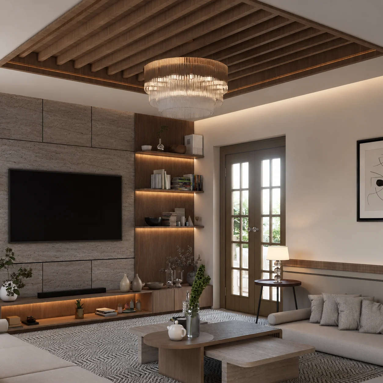Majlis interior with timber ceiling and integrated media wall
