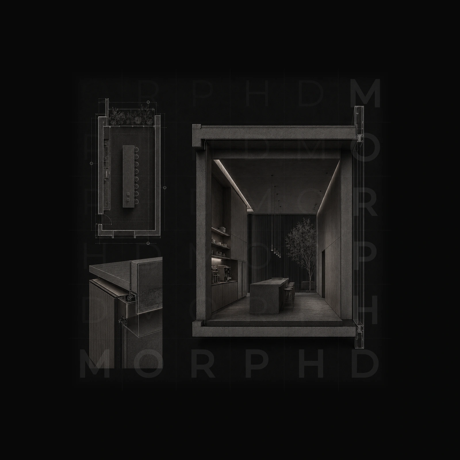 Interior design expressed as a plan resolving into inhabited space