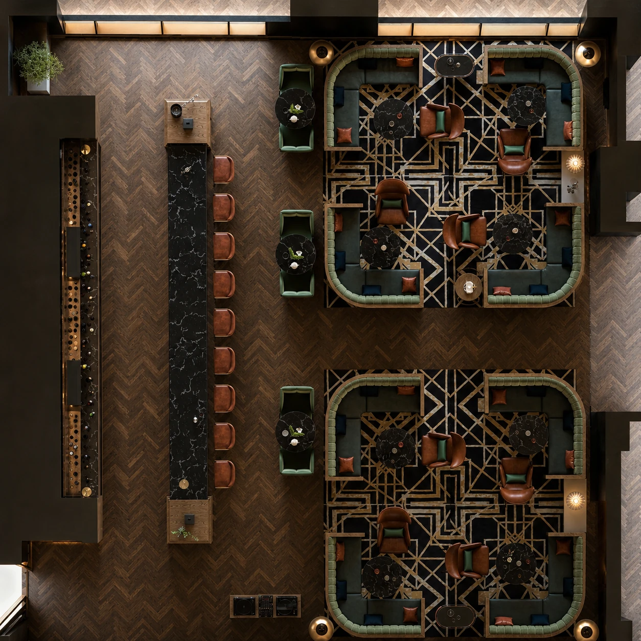 Rendered hospitality plan showing furniture, circulation and spatial organisation