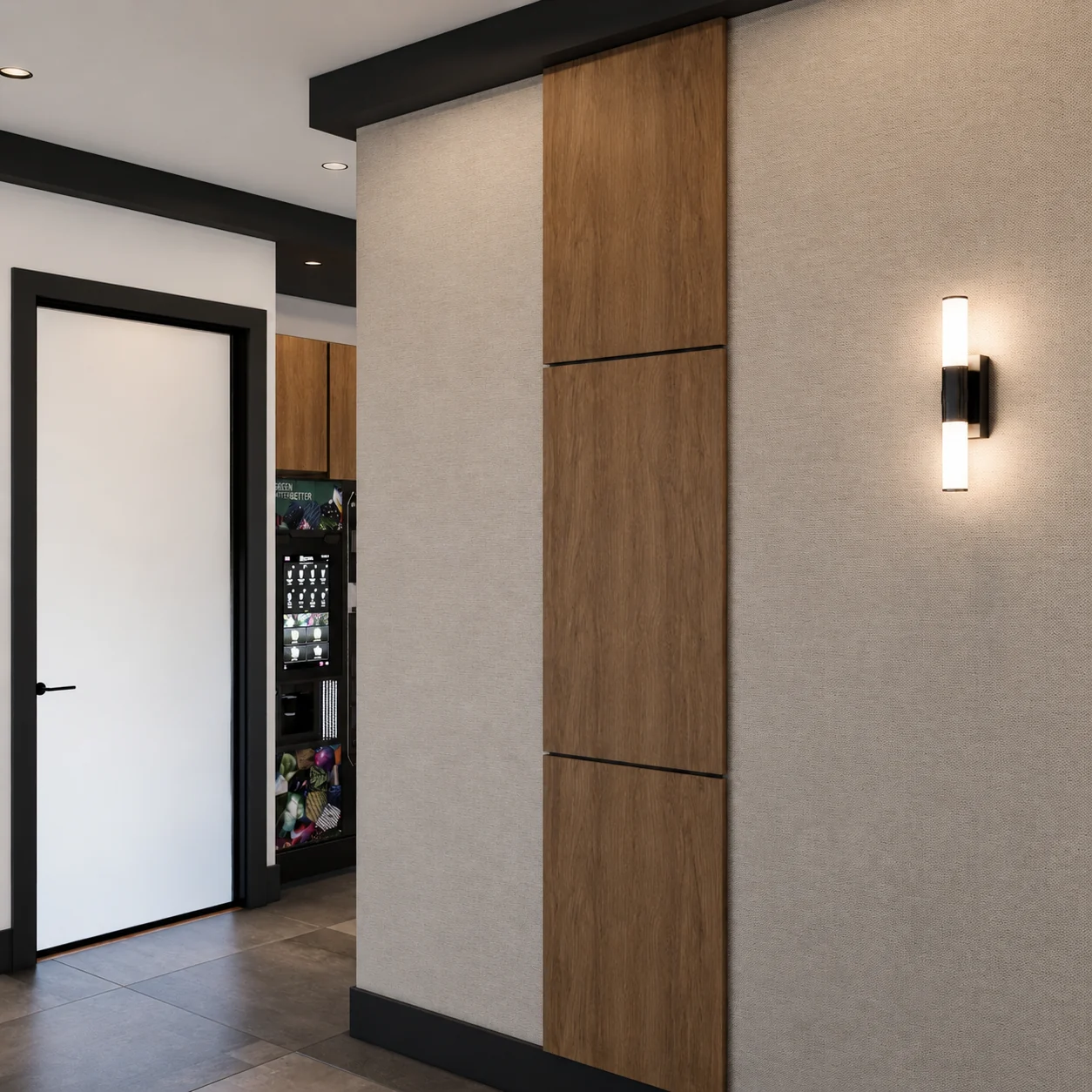 Timber-clad transition and office doorway