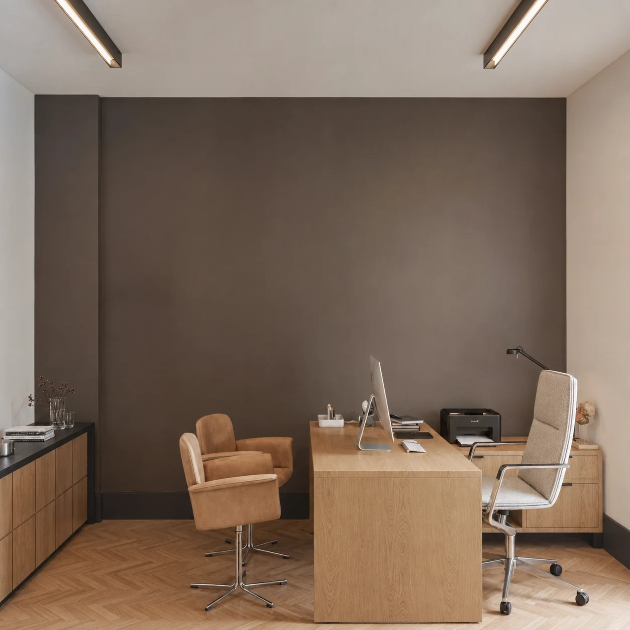 Private office with warm timber desk and storage