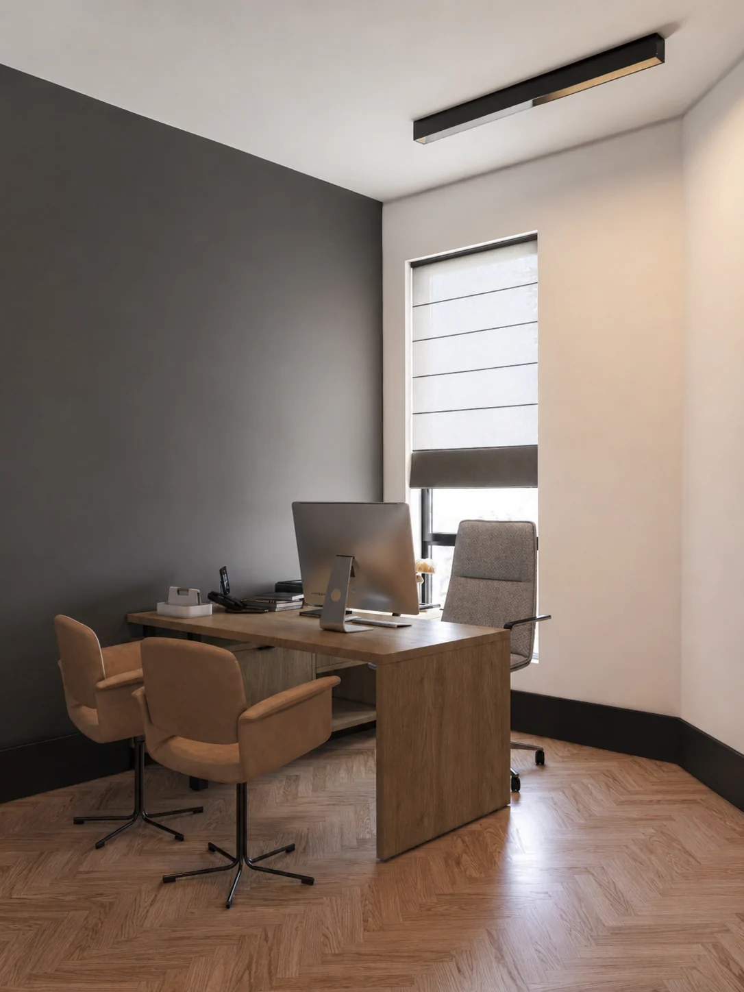Private office with window, workstation and dark accent wall