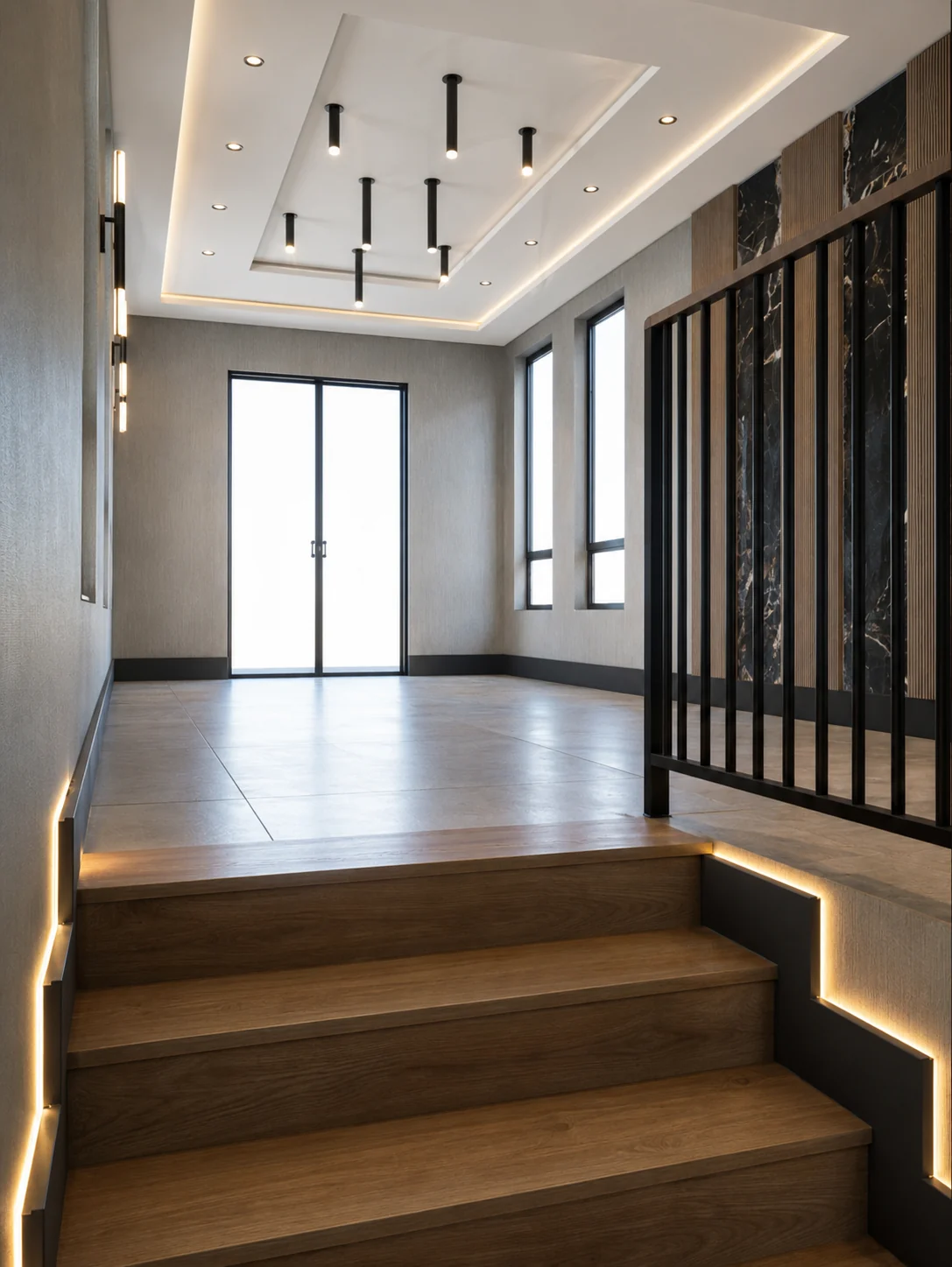 Illuminated stair landing connecting the office floors