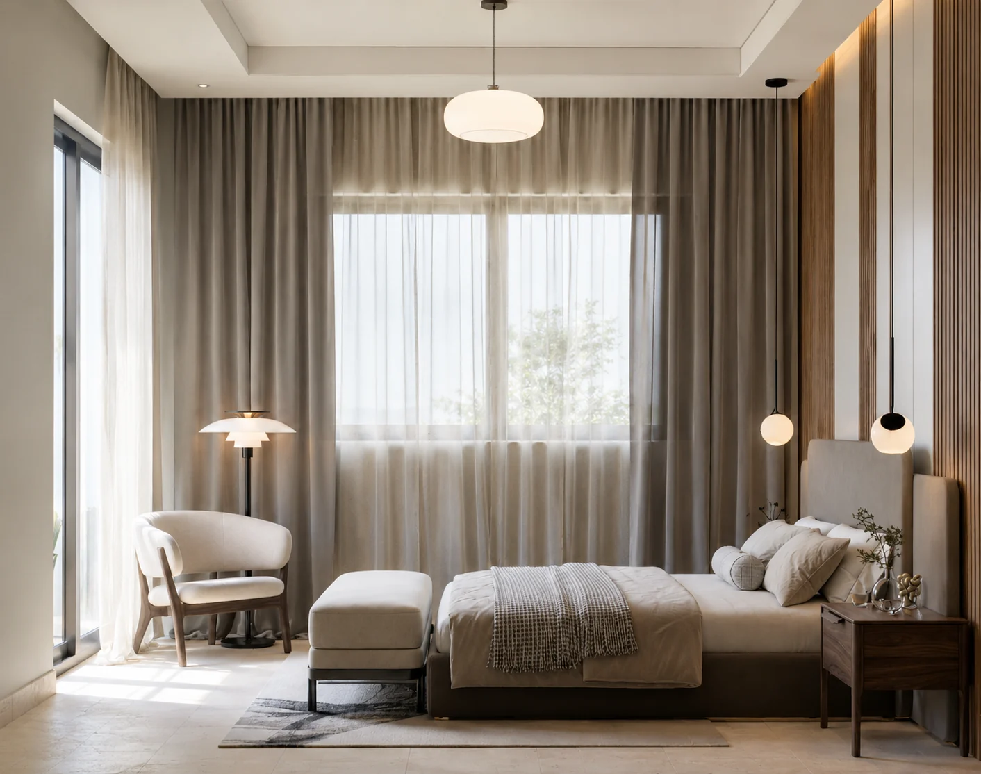Bedroom arranged around a large window