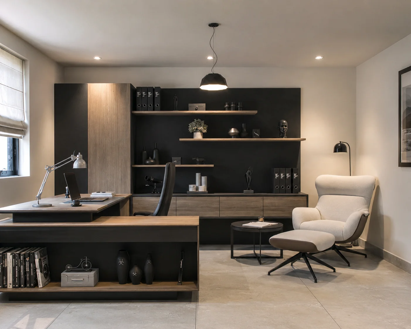 Home office with integrated dark shelving