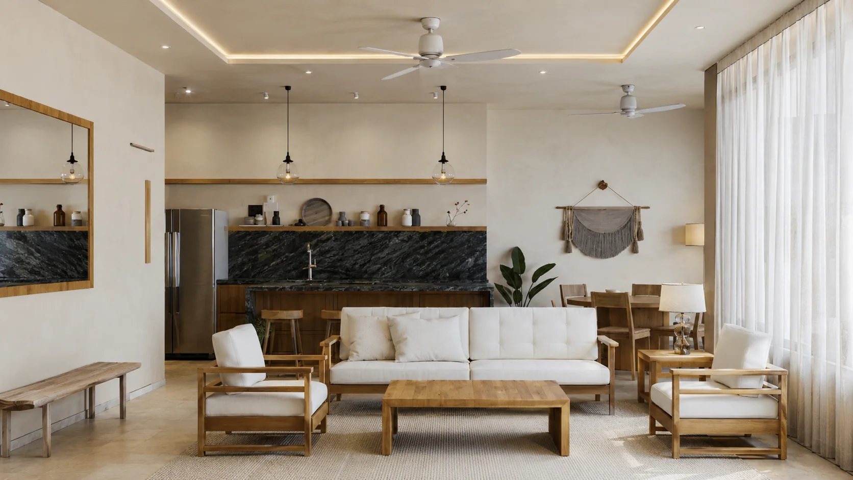 Design visualisation of the living room and kitchen