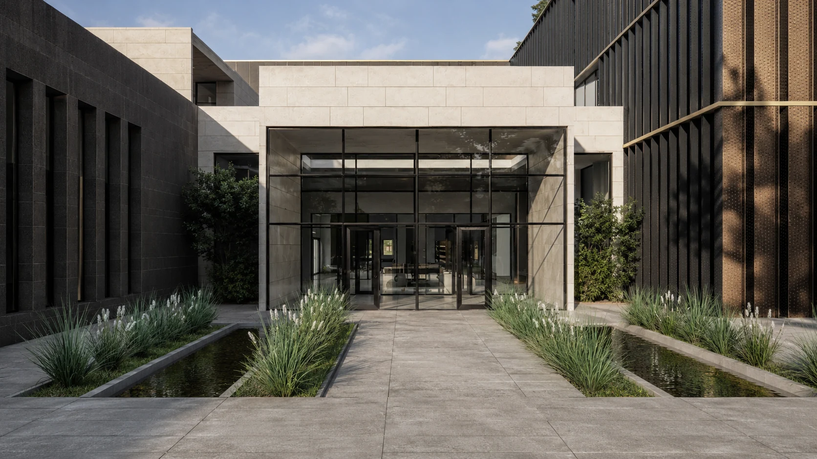 Public entrance facing a planted open space