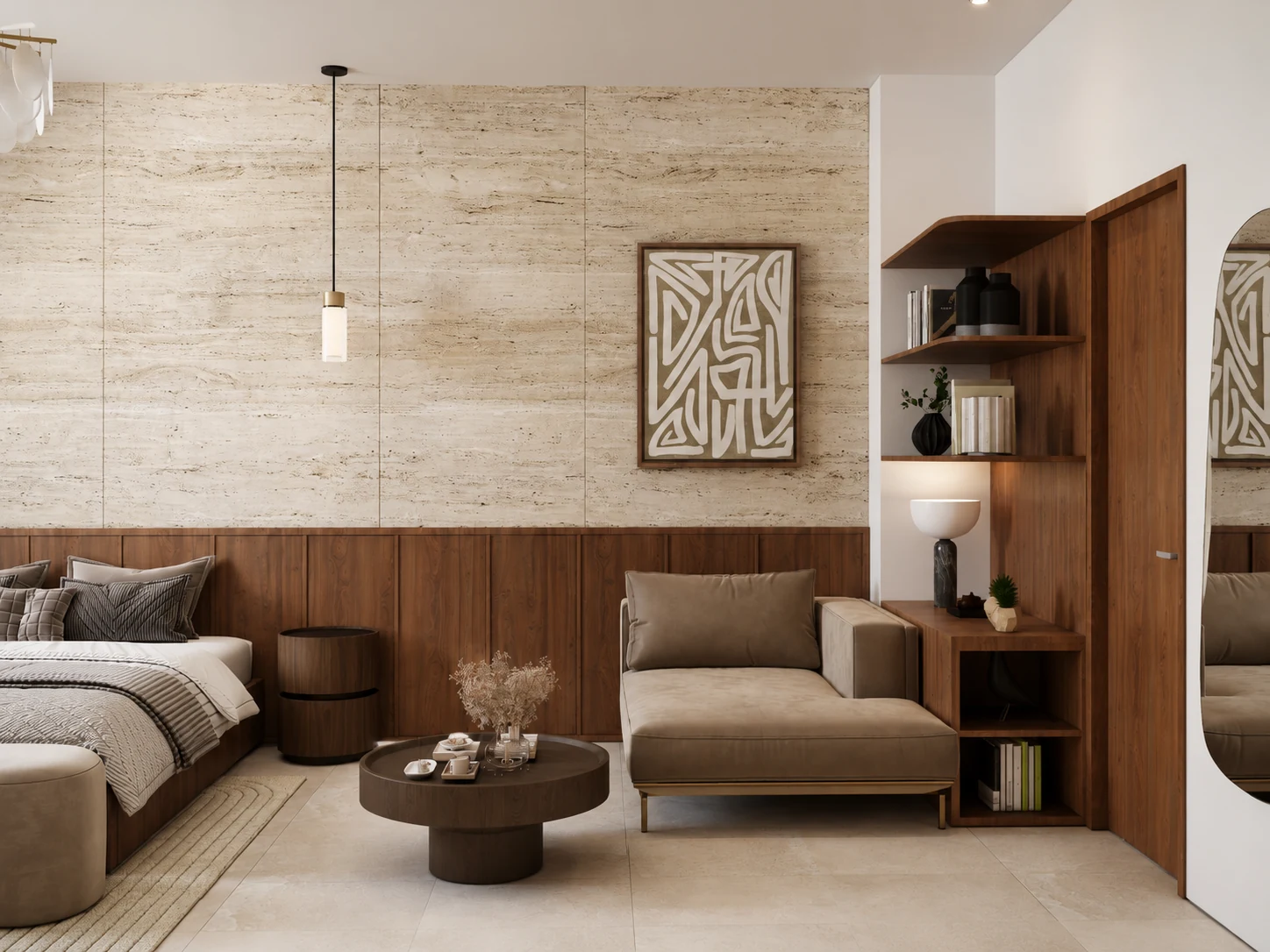 Bedroom lounge with integrated shelving