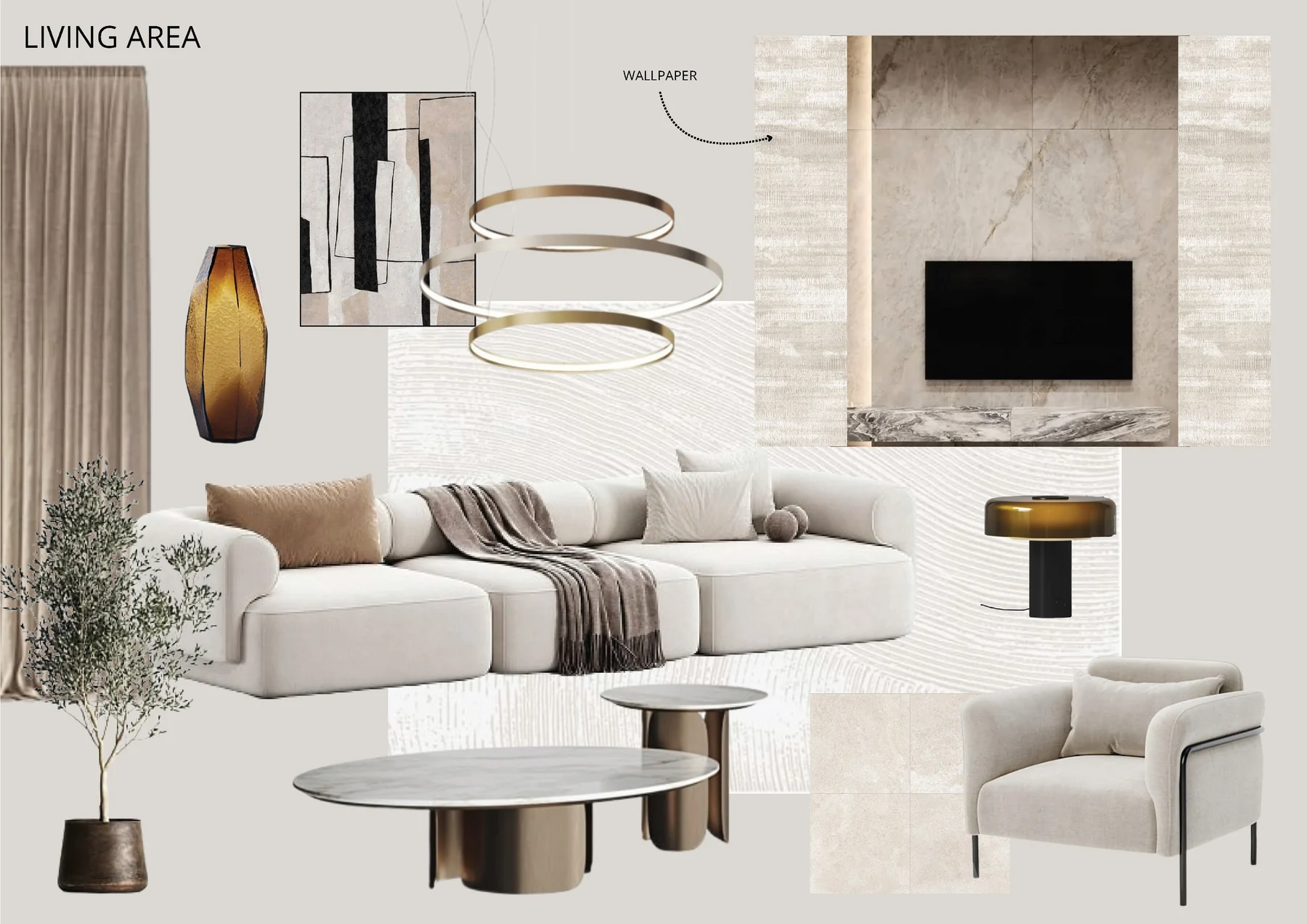 Living area material and furniture moodboard
