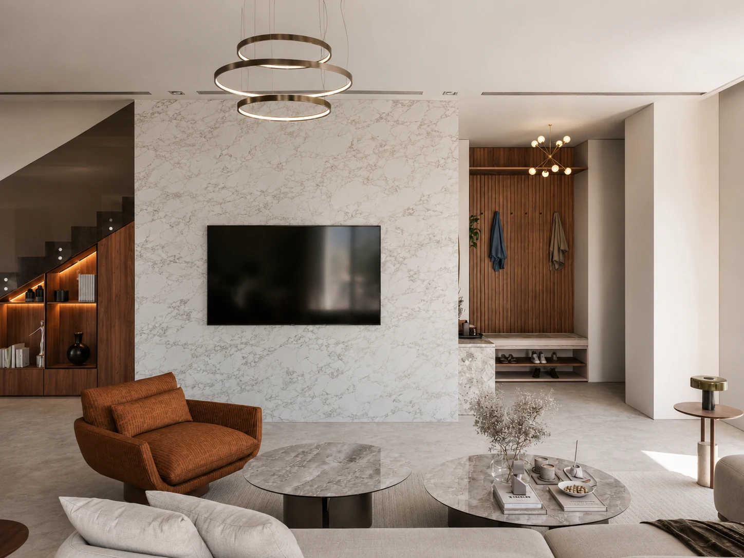 Living room media wall in pale stone and timber
