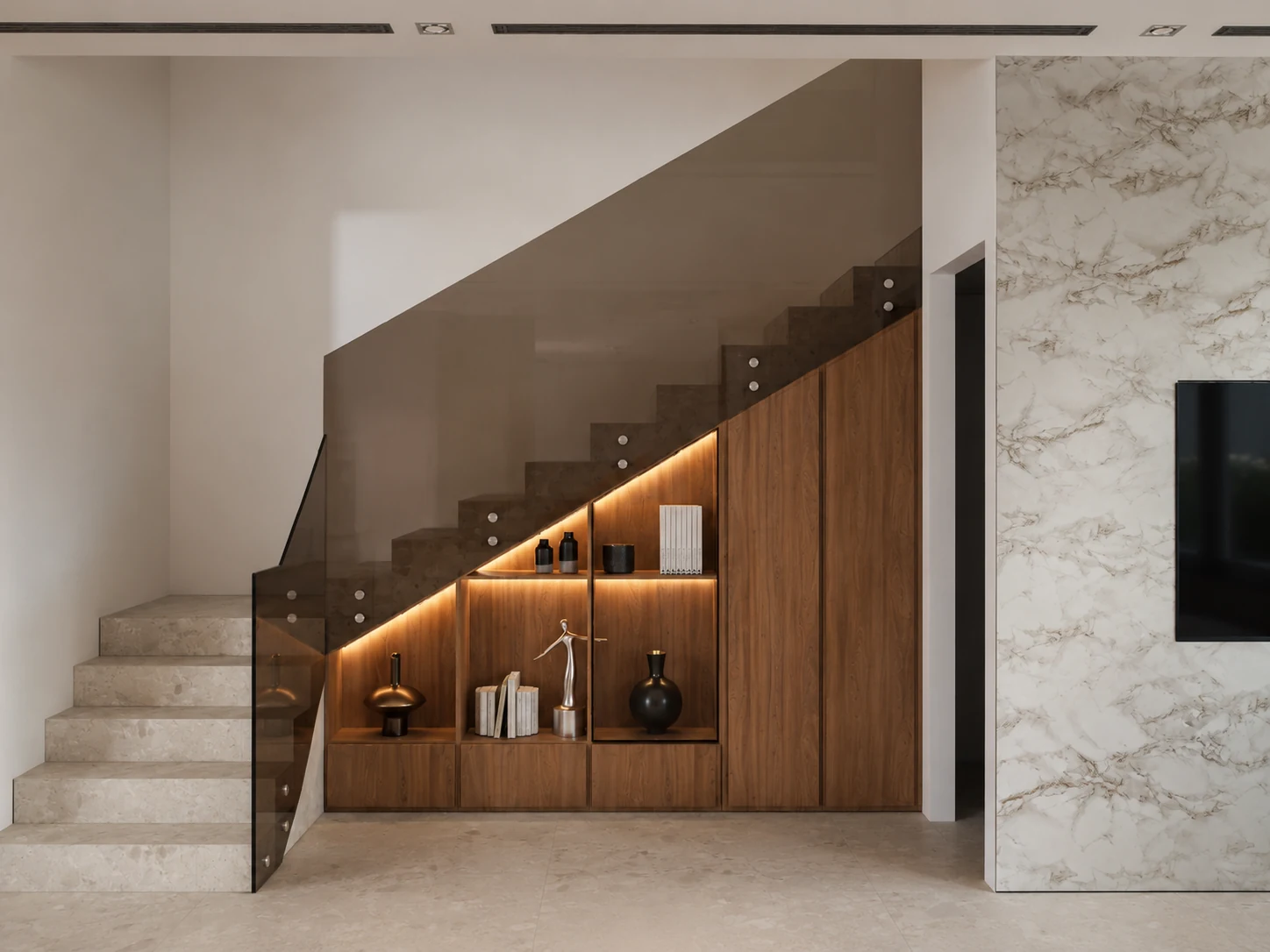 Integrated storage and lighting beneath the staircase