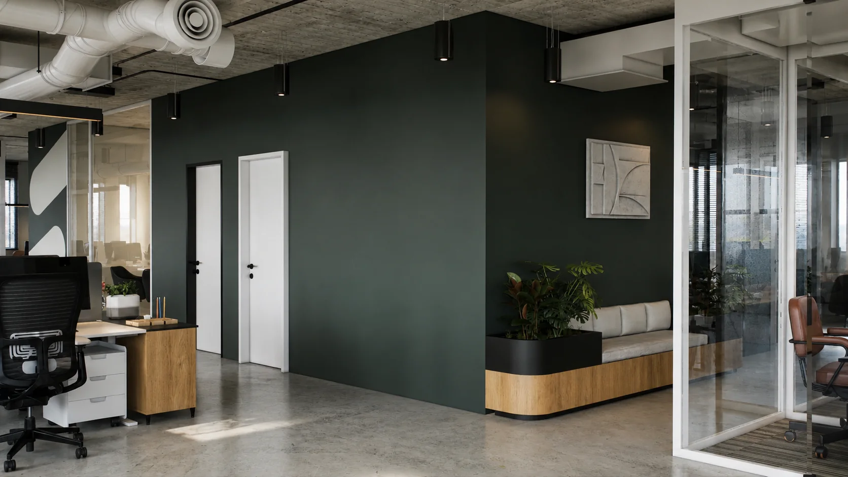Informal booth and planting along the office corridor