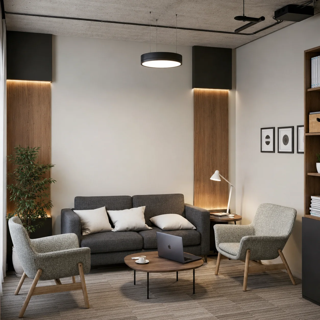 Informal office lounge with layered seating