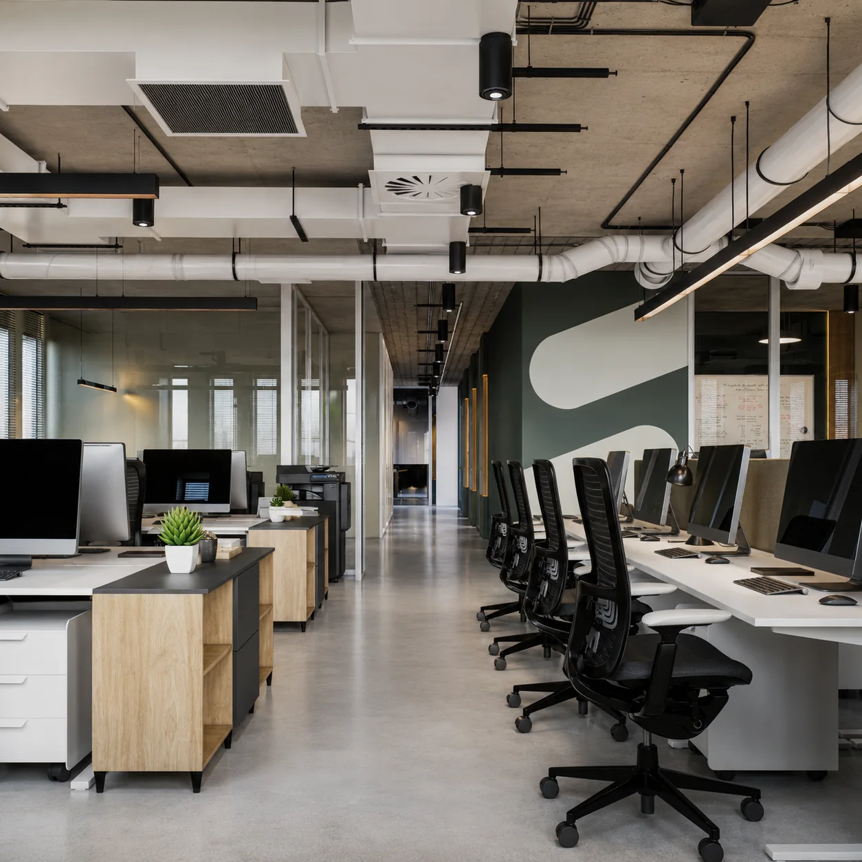Linear workstation arrangement along the office perimeter