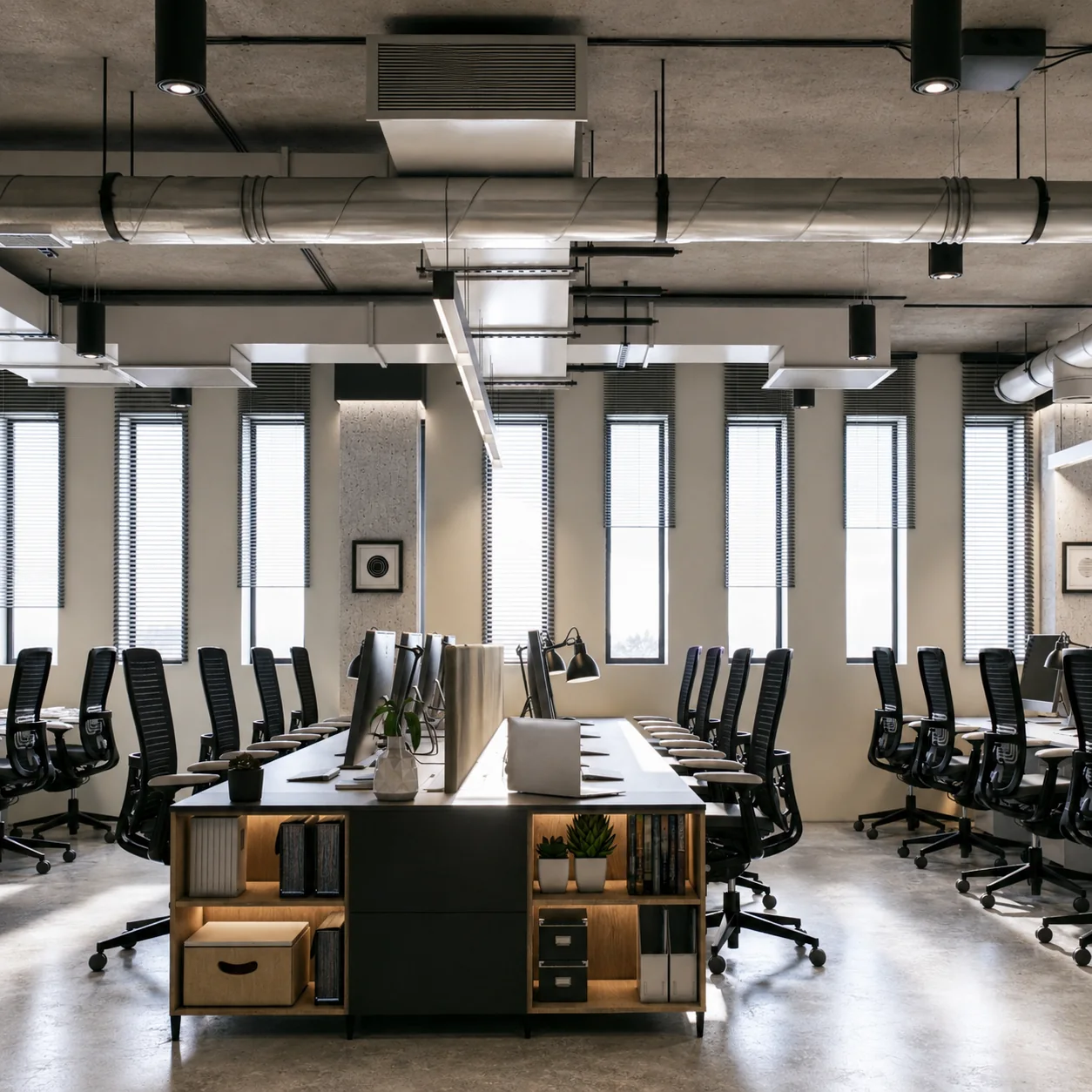 Symmetrical workstation zone with central storage