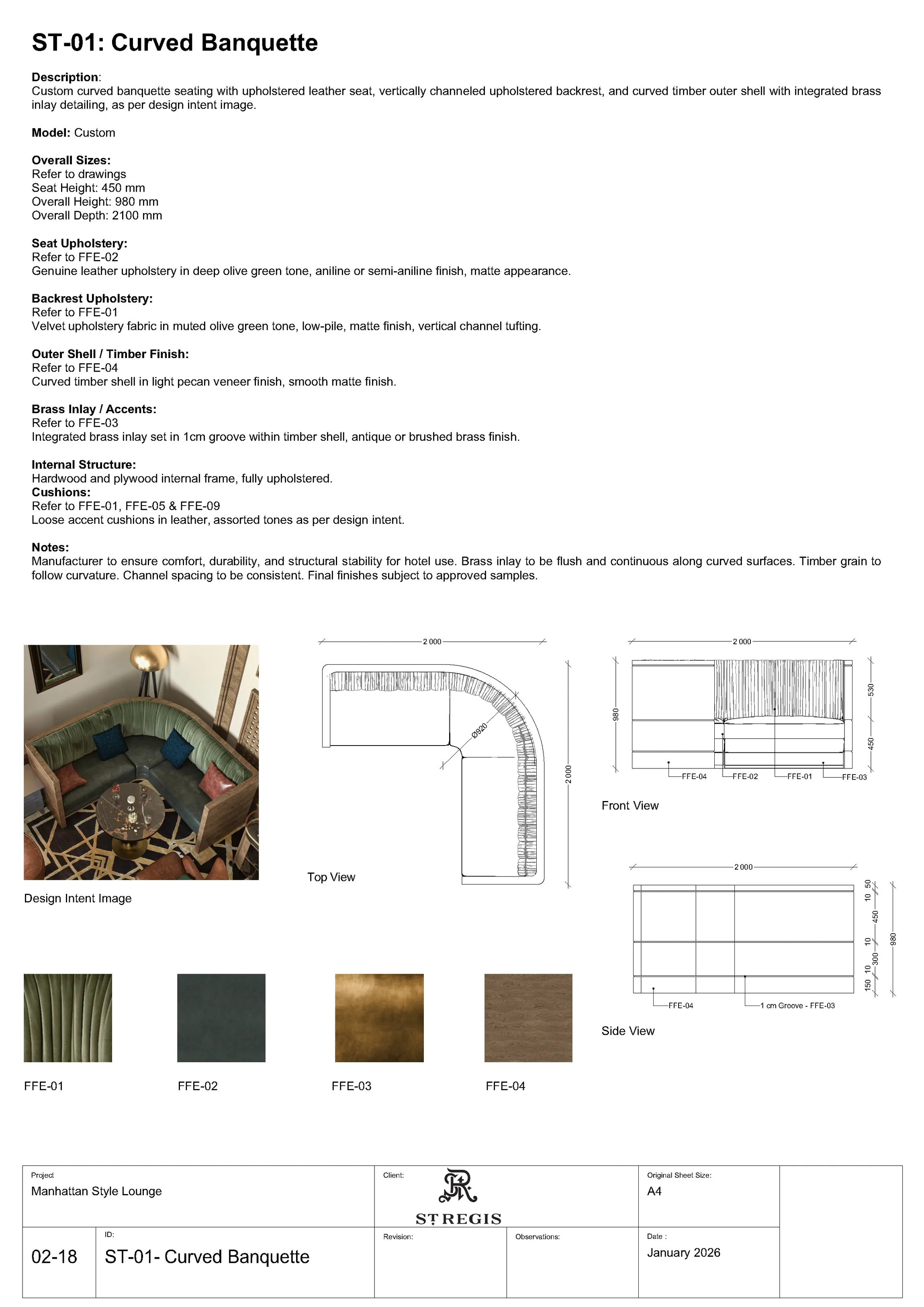 Custom curved banquette design sheet