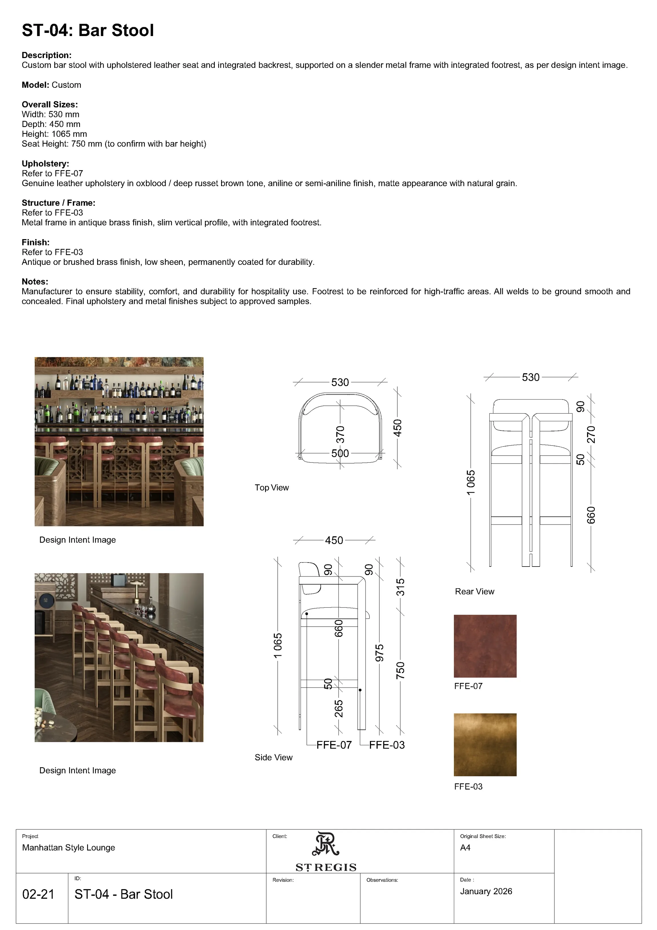 Custom bar stool specification and dimensions