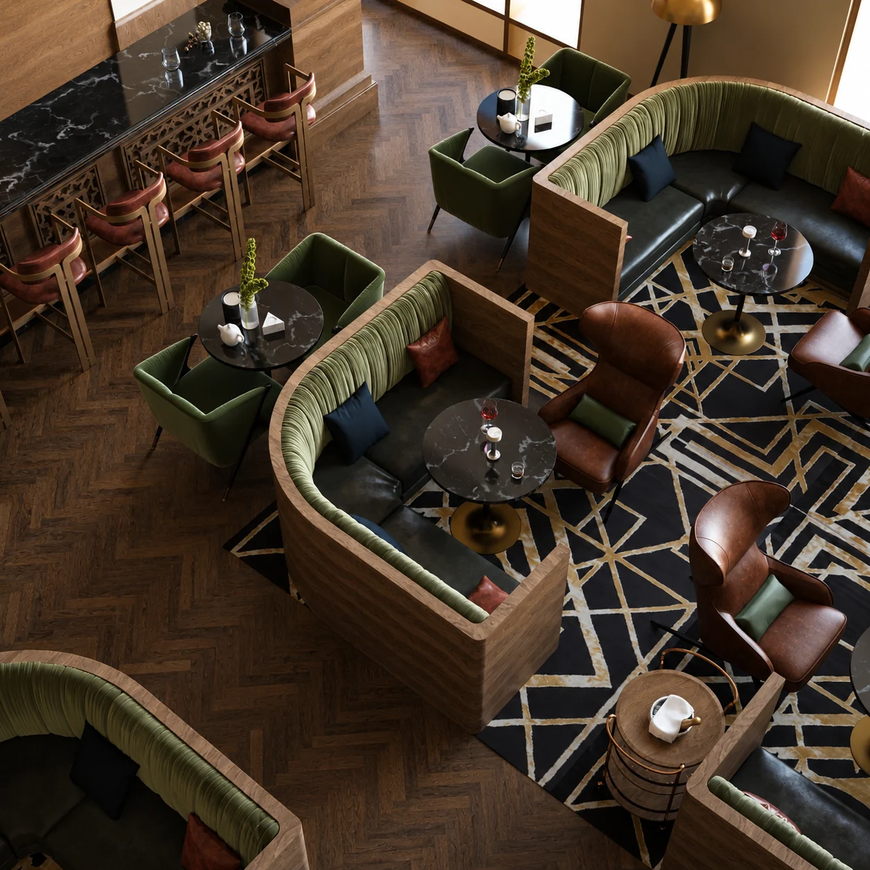 Aerial view of the lounge seating zones