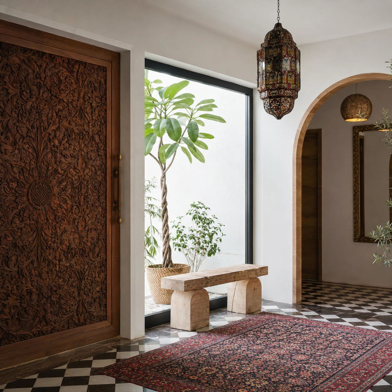 Entrance hall with collected Moroccan rug and timber screen