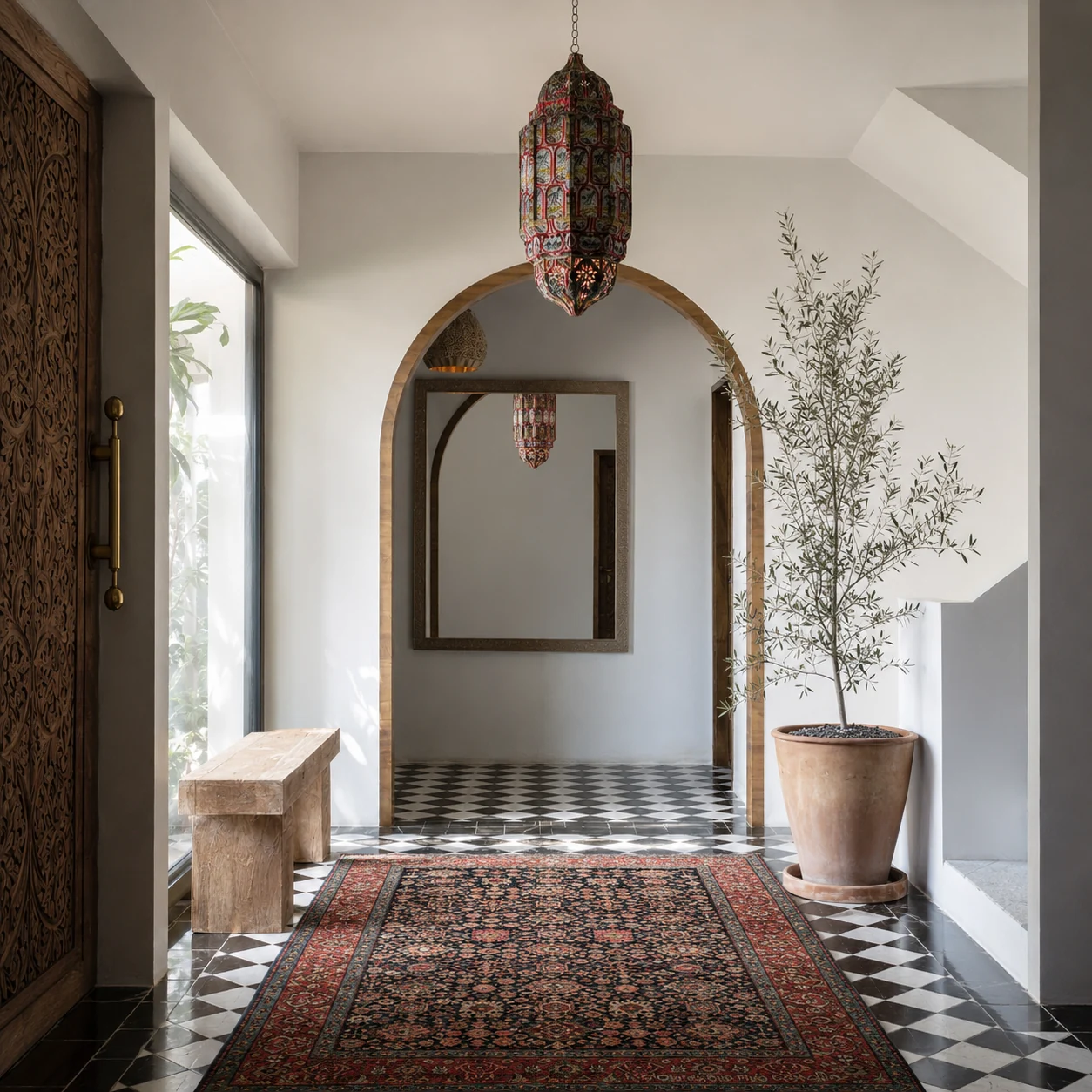 Entrance corridor with patterned floor and lantern